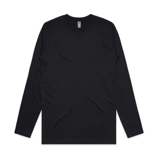 A black long-sleeve T-shirt featuring a round neckline and one logo.
