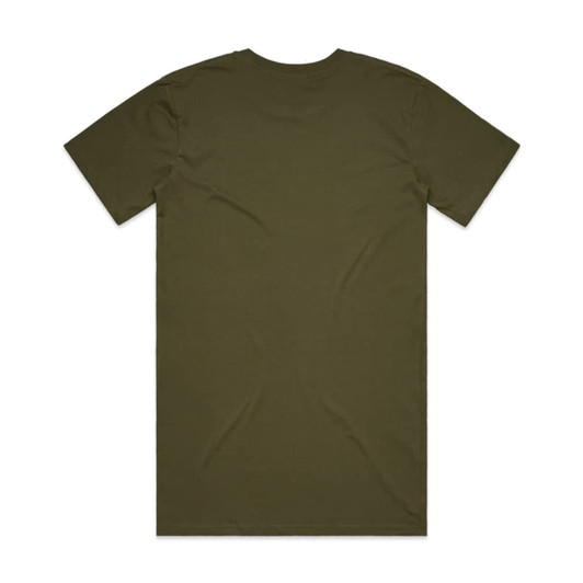 An olive green T-shirt with short sleeves and a plain back, featuring a logo at the neckline.