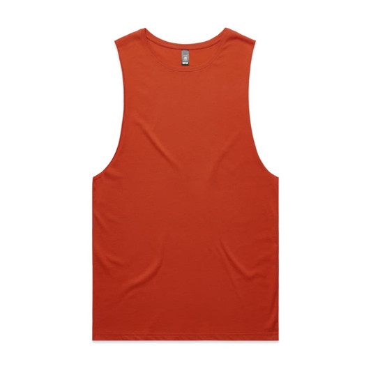 An orange singlet tank top featuring a simple design and a logo on the tag.