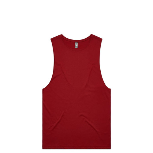 A red singlet tank top with a simple design and a label inside. It features a brand logo.