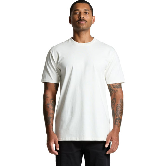 A plain white organic T-shirt with short sleeves, featuring a subtle logo on the front.