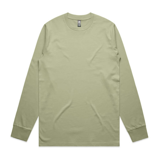 A long-sleeve t-shirt in a soft green colour, featuring a simple design and an attached logo.