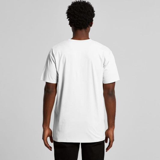 A white T-shirt featuring a straight cut and short sleeves, with a logo on the back.