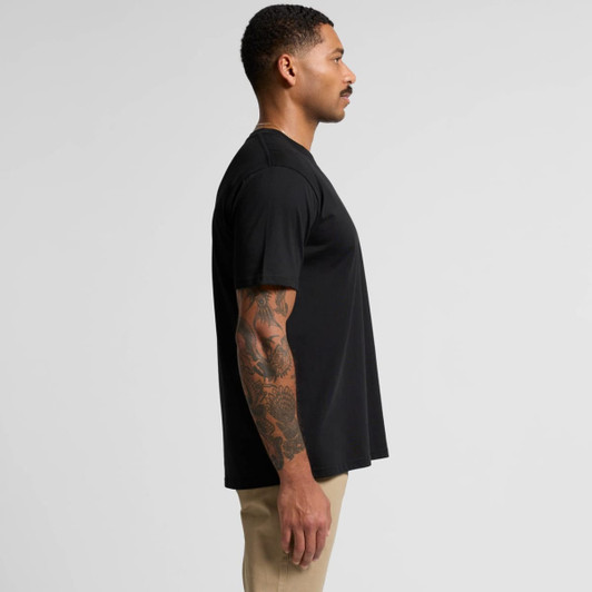 A black Classic Minus Tee [-5cm] from the Shirts: T-Shirts category, shown from the side with a model wearing it.