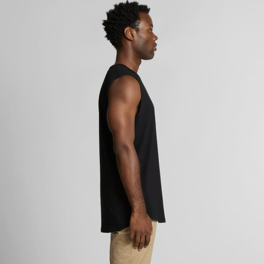A black staple curve tank top displayed on a model from the side, featuring a simple design and a loose fit.