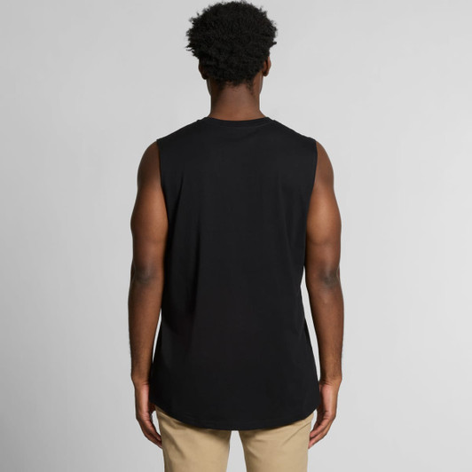 A black sleeveless tank top viewed from the back, featuring a simple design and a branded logo.