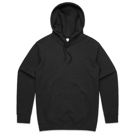 A black hoodie with a front pocket and drawstring. It features a hood and long sleeves.