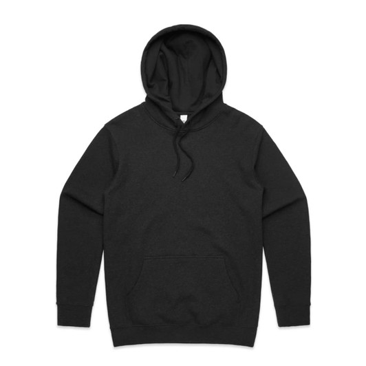 A black hoodie featuring a front pocket and a drawstring hood. It has a subtle branding logo.