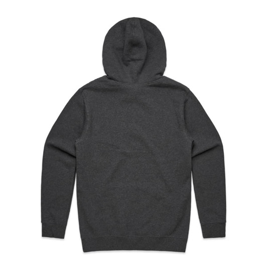 A grey hoodie with a hood and long sleeves, featuring a plain back design and ribbed cuffs.