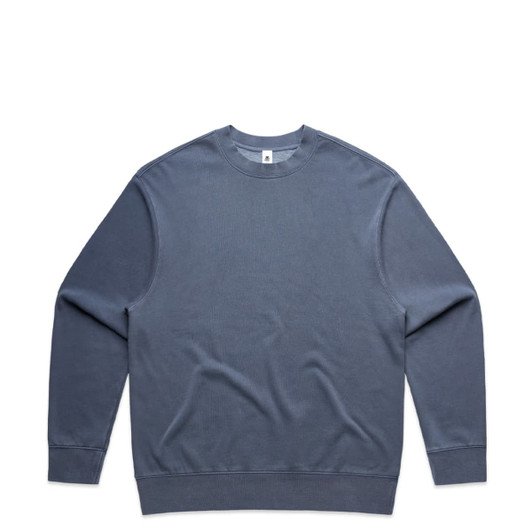 A faded blue crew jumper with long sleeves and a rounded neckline, featuring a small logo.