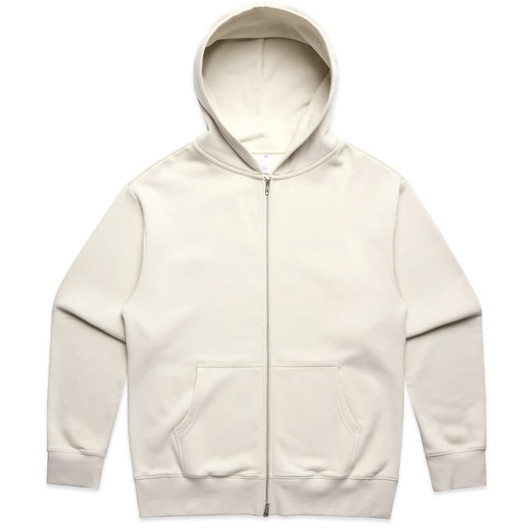 A light cream heavy zip hoodie with a front pocket and a hood, featuring a logo on the chest area.