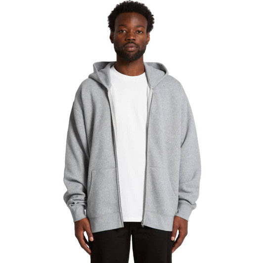 A grey zip-up hoodie with a hood, featuring a logo, worn over a white t-shirt.