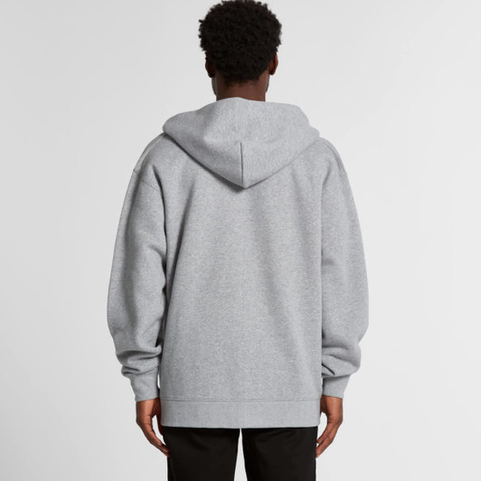 A grey hoodie with a spacious fit, featuring a hood and long sleeves, seen from the back.