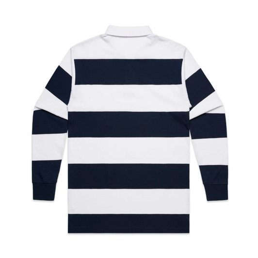 A polo shirt featuring bold navy and white rugby stripes, with long sleeves and a collar, displaying a logo.