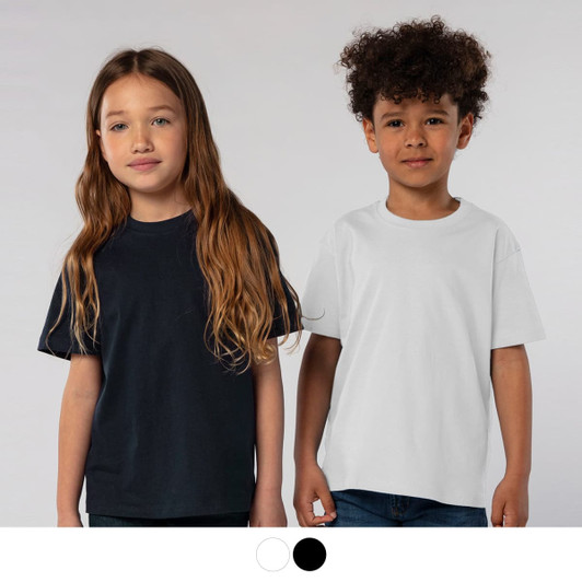 A black and a white kids' t-shirt displayed on two children, featuring short sleeves and a simple design.