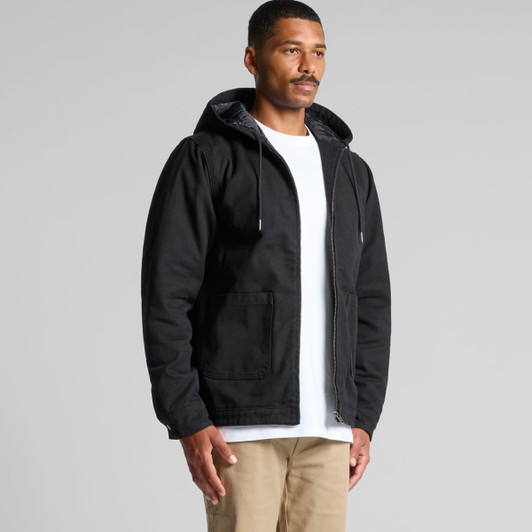 A hooded black jacket with a zip front and pockets, worn by a model standing against a neutral background.