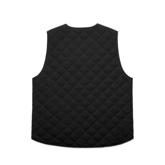 A black quilted vest featuring a diamond pattern and no sleeves, showcasing a simple, modern design.