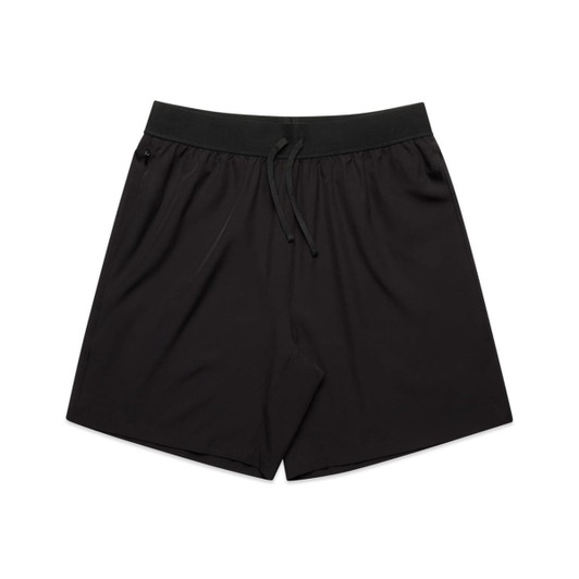 Black sports shorts featuring an elastic waistband and a drawstring, with a side pocket and a logo.