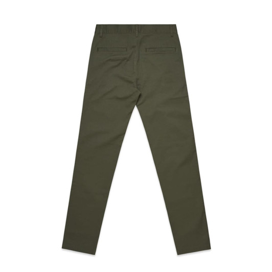 A pair of olive green slacks with a smooth texture and back pockets, featuring a logo on the waistband.