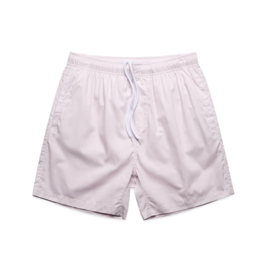 Light pink beach shorts featuring an elastic waistband and drawstring, with a logo on the side.