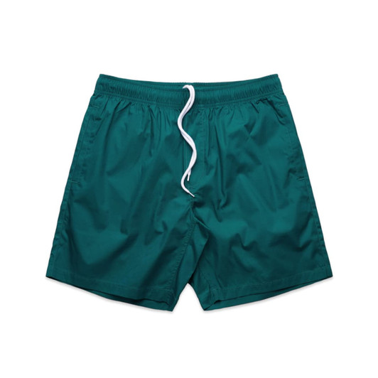 Teal beach shorts featuring an elastic waistband and drawstring detail. Includes a logo on the waistband.