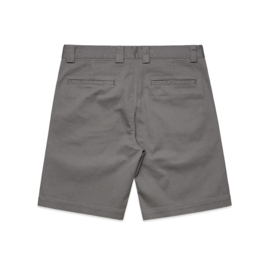 A pair of grey work shorts featuring two back pockets and a waistband with belt loops.
