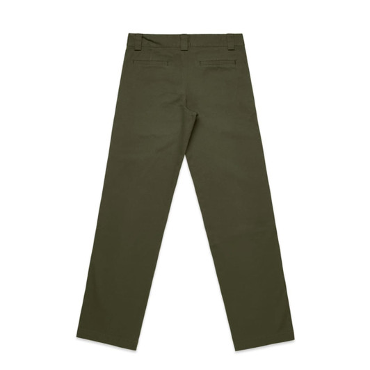 Olive green regular pants with a straight leg design and two back pockets. The fabric appears smooth with a subtle texture.