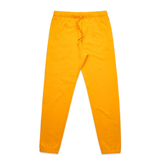 Bright yellow track pants with an elastic waistband and pockets, featuring a logo. Ideal for casual wear.