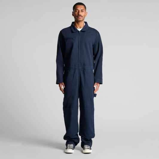 Navy blue canvas coveralls featuring a front zipper and long sleeves, designed for workwear use. There's a logo on the garment.