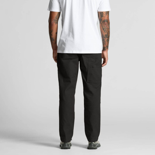 Black cargo pants featuring side pockets, viewed from the back, paired with a white t-shirt.