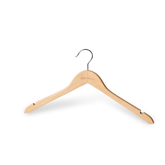 A wooden clothes hanger in natural colour with a silver metallic hook and a minimal logo.