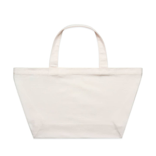 A large, cream-coloured tote bag with two handles and a logo on the front.