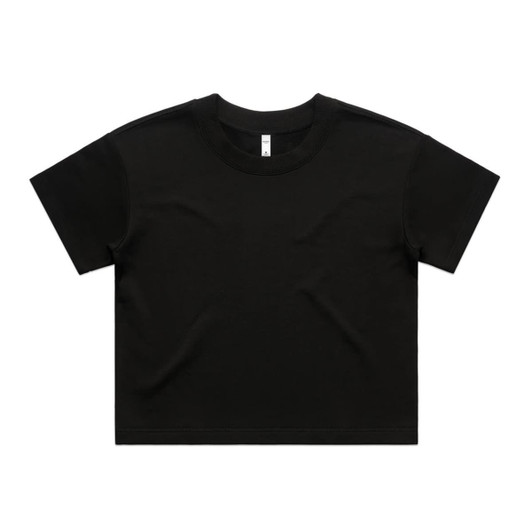 A black cropped T-shirt with a relaxed fit and a simple design. It has a subtle logo.