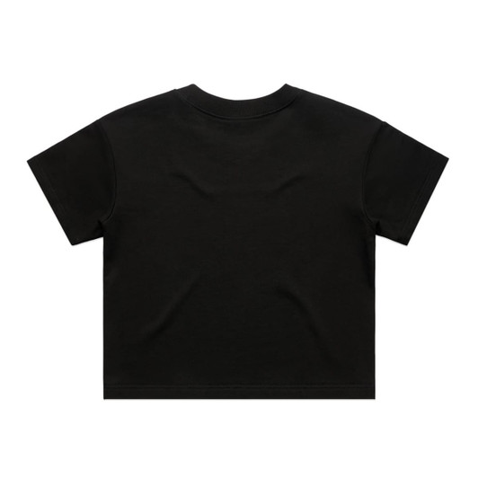 A black cropped t-shirt with short sleeves, featuring a simple design and no visible branding on the back.