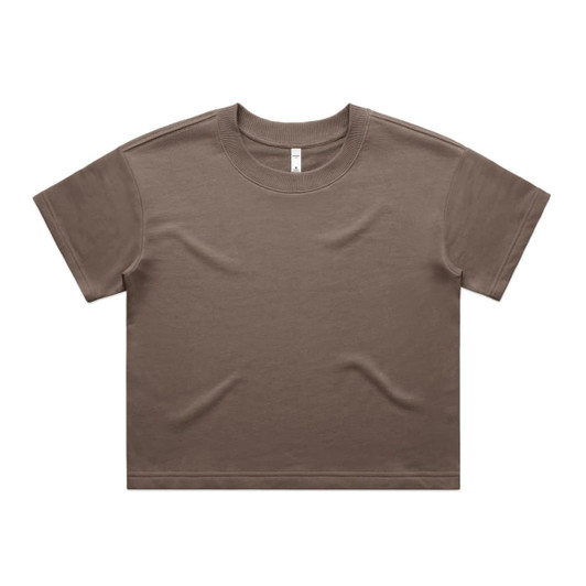 A brown short-sleeve T-shirt with a round neckline and a simple design. It features a logo on the inside tag.