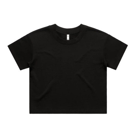 A black cropped t-shirt with short sleeves and a round neckline, featuring a small logo.