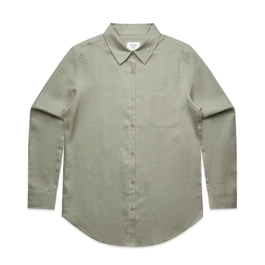 A light green button-up shirt with a collar and a single chest pocket, featuring a logo.