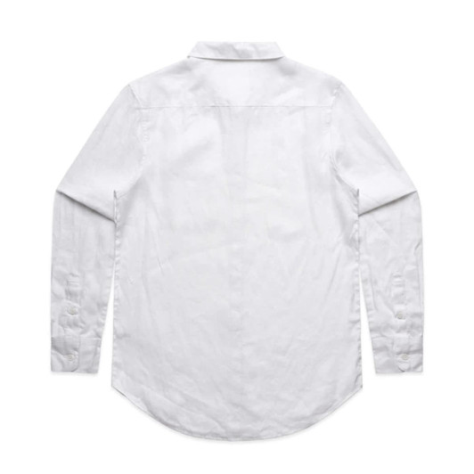 A white button-up shirt with long sleeves and a classic collar, featuring a simple design and a back yoke.