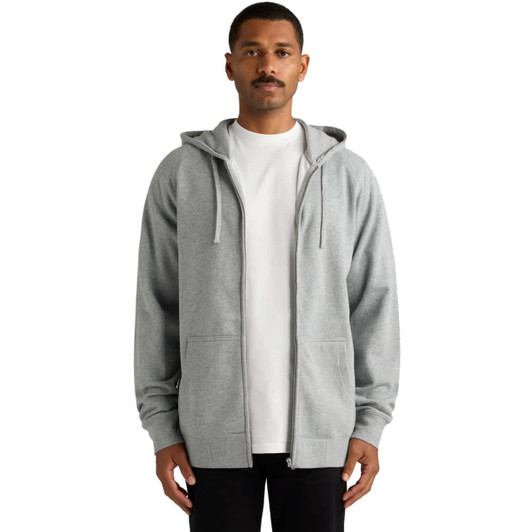 A grey zip-up hoodie displayed on a model, featuring a hood and front pockets, with a plain white tee underneath.