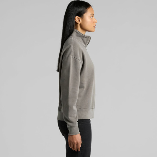 A faded grey half zip jacket with a collar and long sleeves, featuring a logo on the chest.