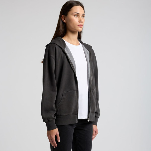 A zip-up hoodie in faded black with a grey interior, featuring a logo on the chest.