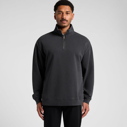 A black half-zip jacket with a relaxed fit and a small zippered collar. It features a logo on the chest.