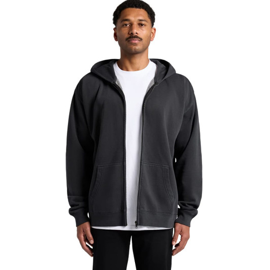 A black zip-up hoodie with a spacious fit, featuring a hood and front pockets. It has a small logo.