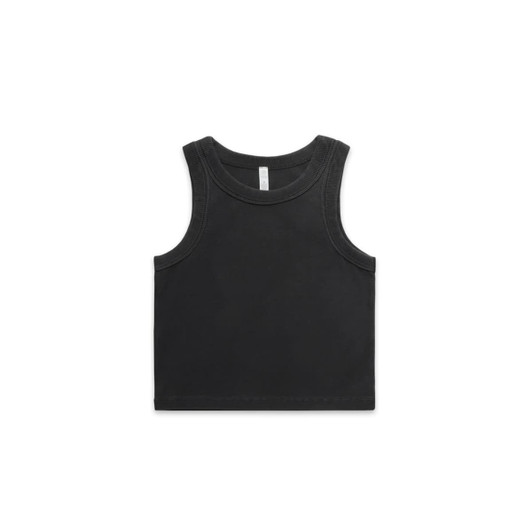 A black organic rib crop tank top with a sleeveless design and a simple cut. It features a logo on the label.