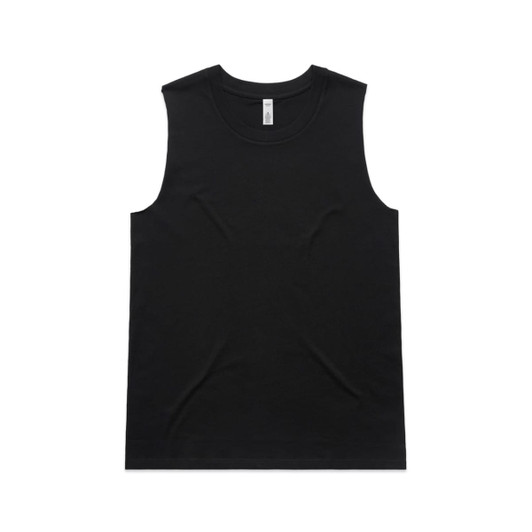 A black sleeveless tank top displayed flat, featuring a simple design and a logo.