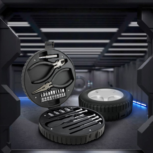A circular tool kit in black casing, featuring pliers, various tools, and a wheel design. Includes a logo.