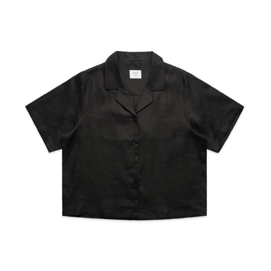 A black short-sleeved button-up shirt with a collar and a front button closure, featuring a logo.