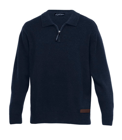 A dark navy jersey featuring a quarter zip and a logo on the side. Perfect for sports and casual wear.