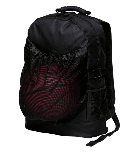 A black backpack featuring a mesh front pocket designed to hold a basketball, with adjustable straps and side pockets.