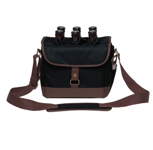 A drink bottle caddy cooler in black and brown, featuring three bottle compartments and an adjustable shoulder strap.